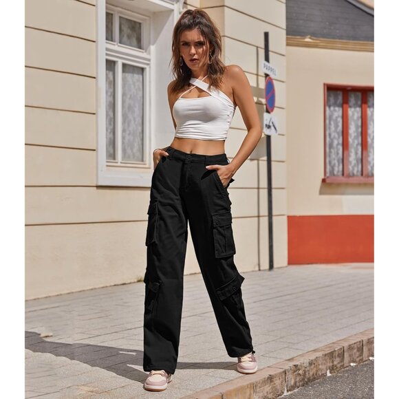 Women Pants High Waisted Cargo Pants Combat Military Wide Leg Casual Trousers 8 - Picture 3 of 6